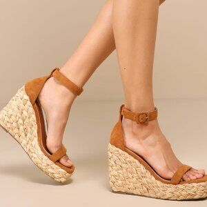 Lulus Fedila Camel Suede Ankle Strap Platform Raffia Wedges - Sz 7.5
